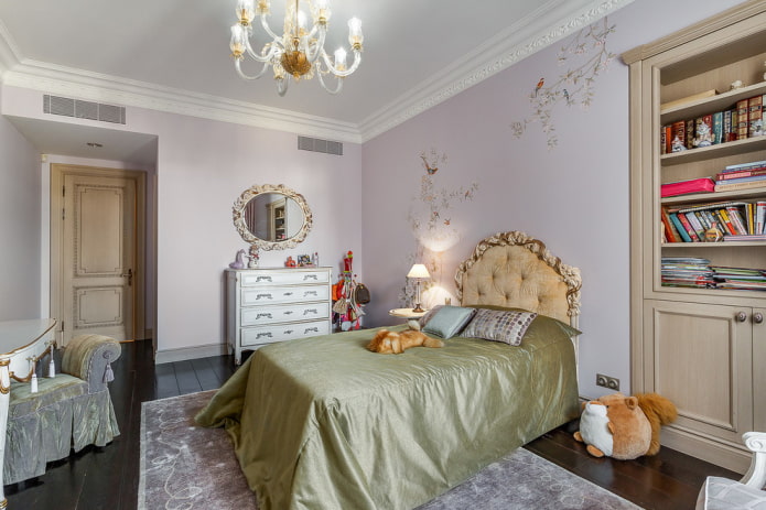 łóżko z miękkim zagłówkiem we wnętrzu dziecięcym