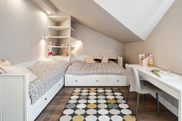 układ sypialni na poddaszu dla dwóch dziewczynek