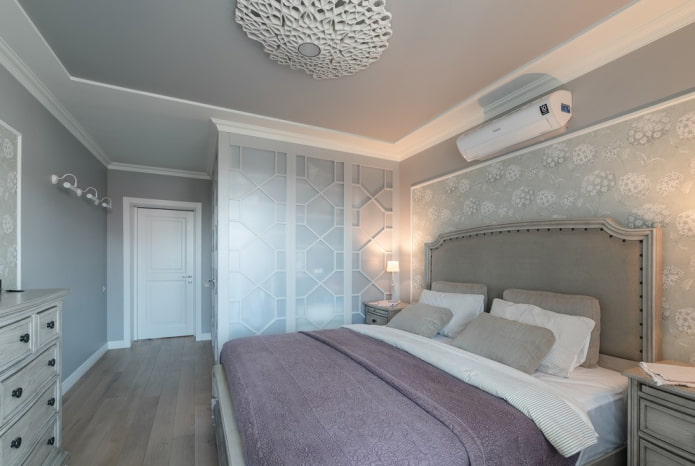 Innenarchitektur eines grauen Schlafzimmers