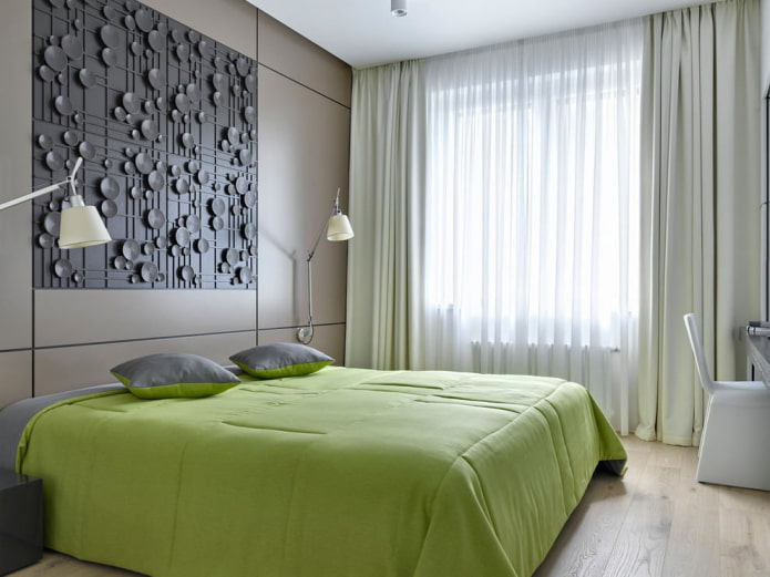 Graugrünes Schlafzimmerinterieur