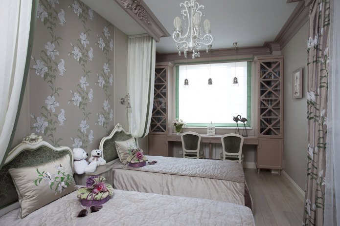 układ sypialni dla dwóch dziewczynek